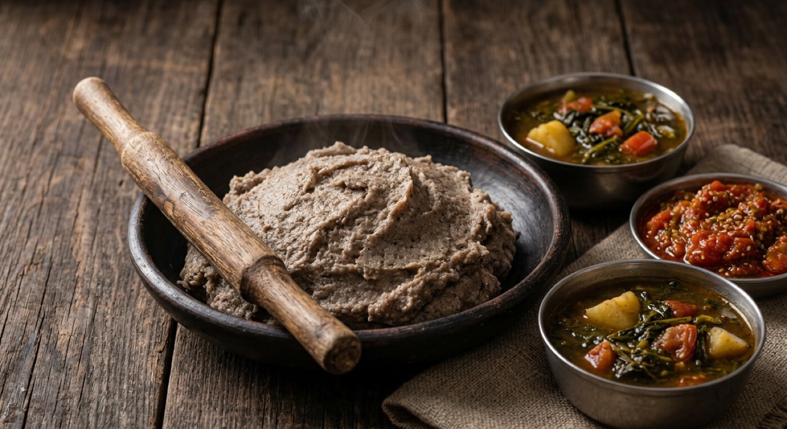 Dark mound of Nepali dhido buckwheat mush in a brass bowl beside a bowl of sour green soup