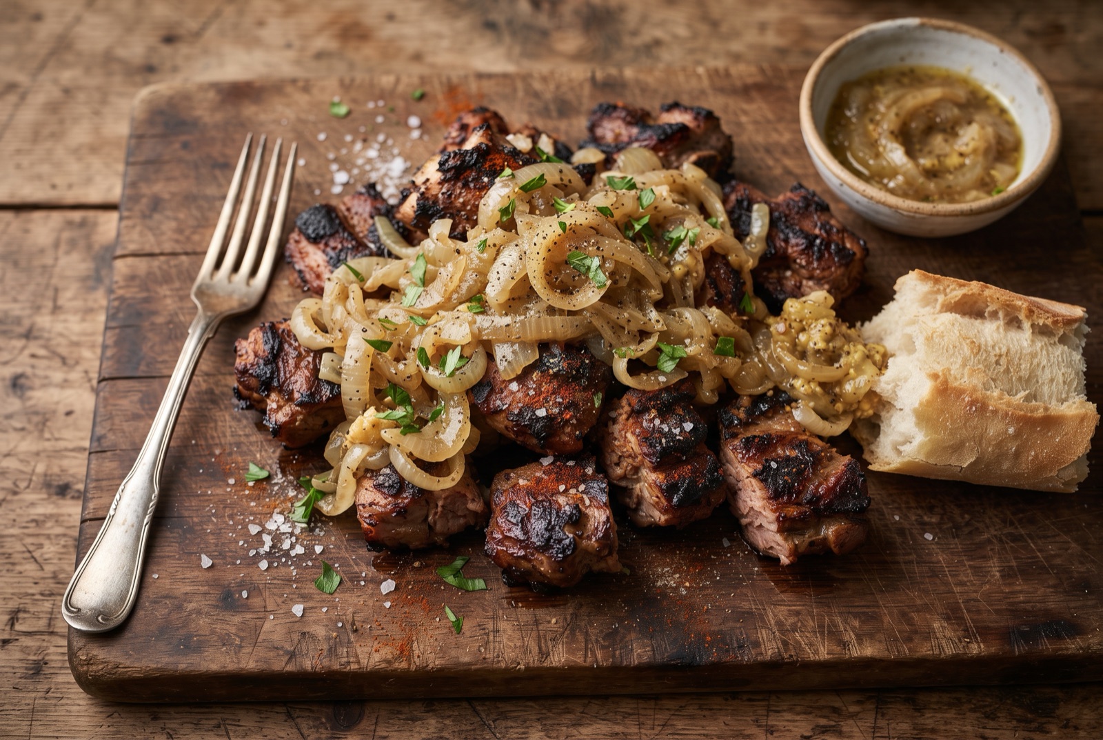 Chopped charred lamb pieces on paper covered with pale softened onions, torn baguette beside the tray