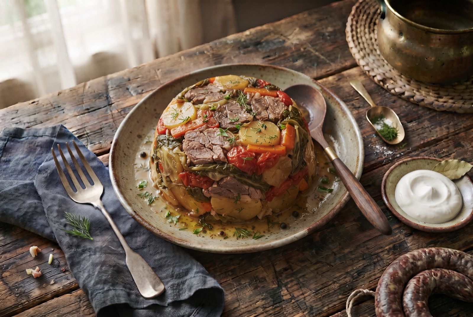 Uzbek dimlama tipped onto a platter: chunks of lamb over whole potatoes, carrots, peppers and collapsed cabbage in dark broth