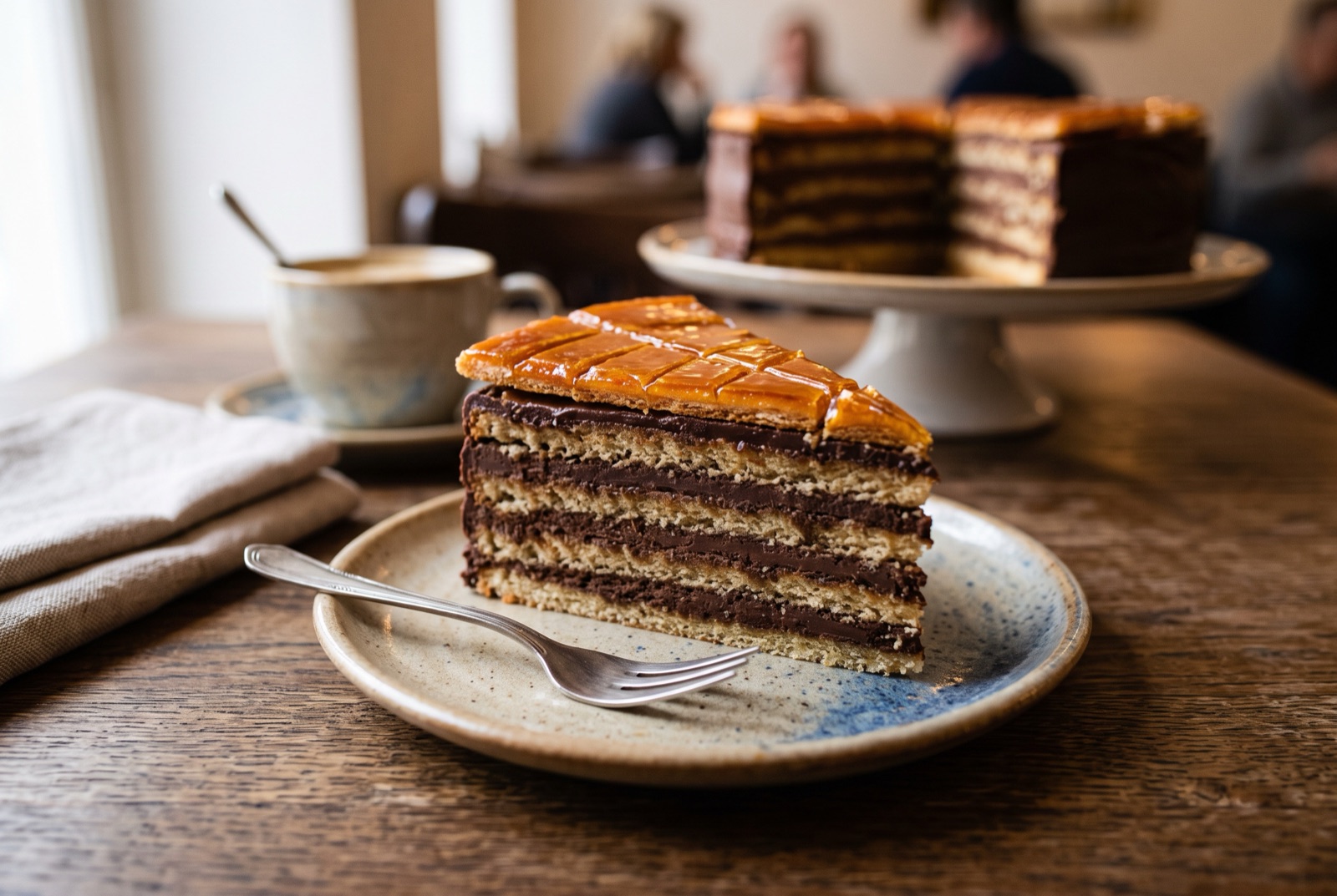 Sliced Hungarian Dobos torta showing thin sponge layers with chocolate buttercream and angled caramel wedges on top