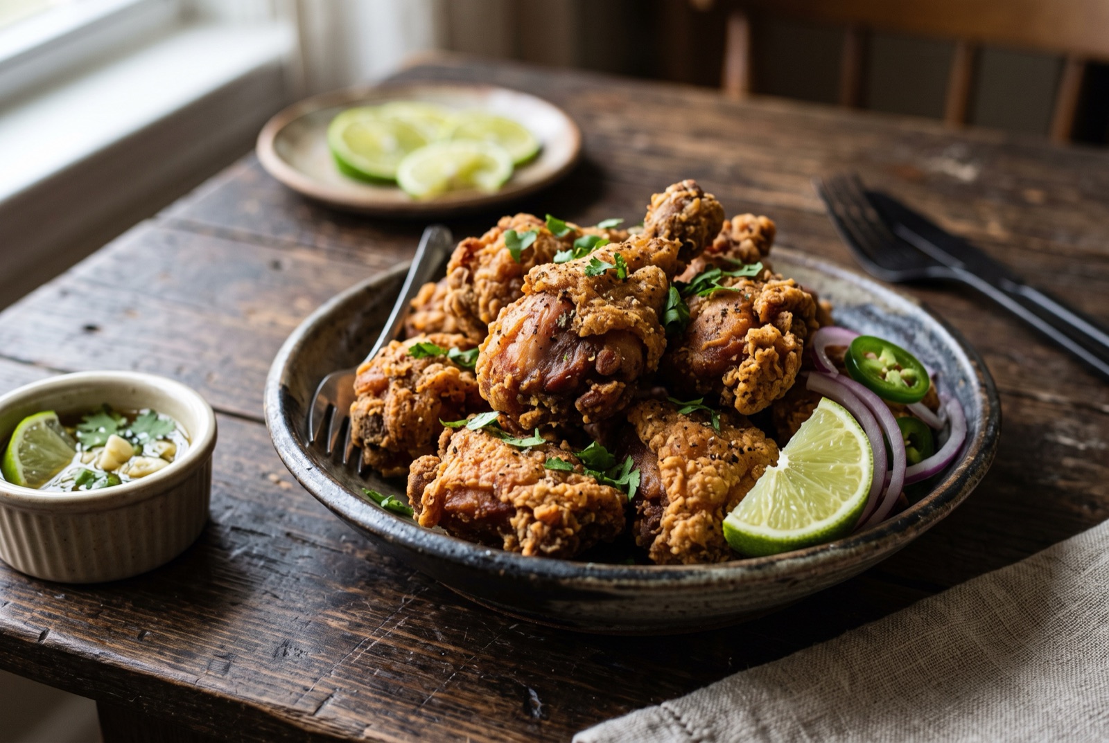 A bowl of small crisp fried Dominican chicken pieces with lime wedges and fried plantain alongside