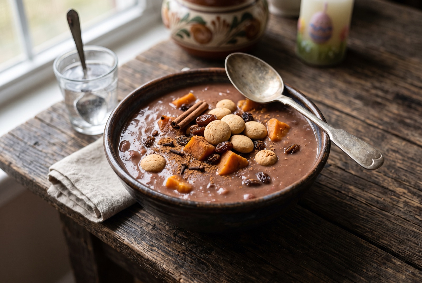 A cup of chilled Dominican sweet bean cream with raisins, sweet potato cubes and milk cookies on top