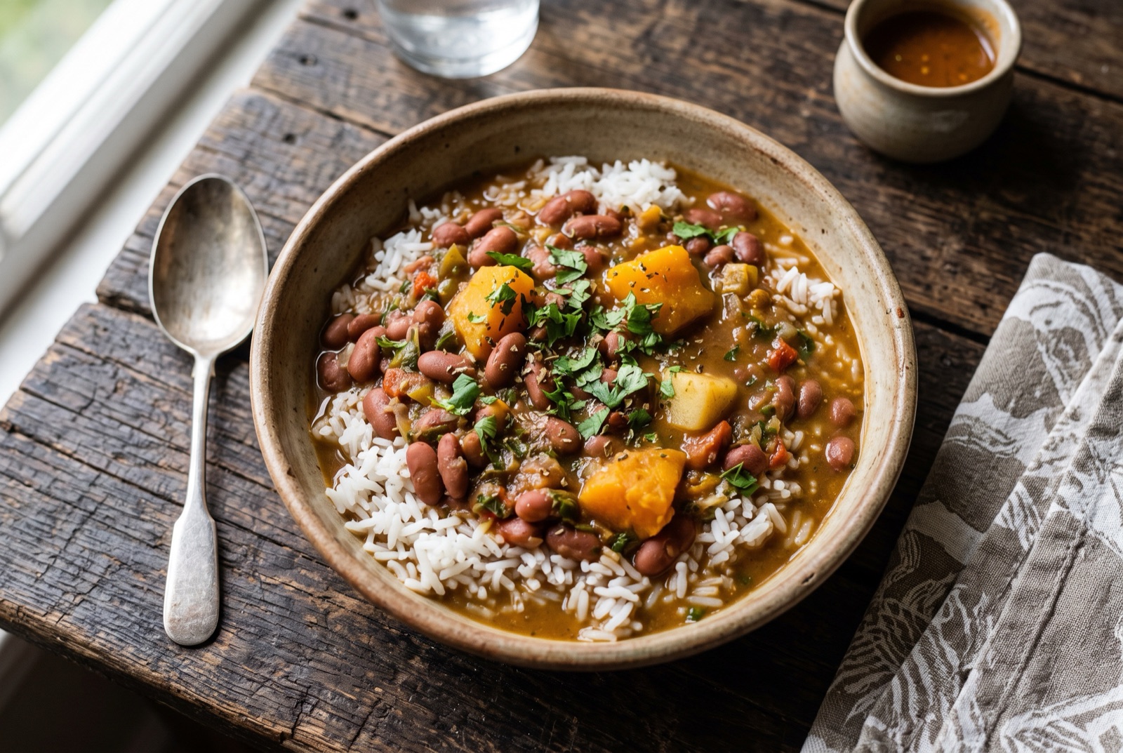A pot of Dominican stewed red beans in thick orange broth with pieces of squash and chopped cilantro