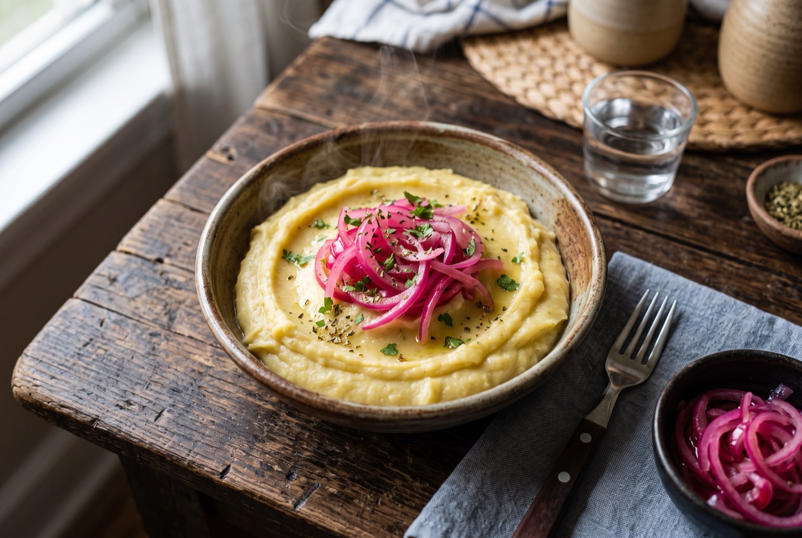 A bowl of smooth pale green-plantain mash topped with thin vinegared red onion rings