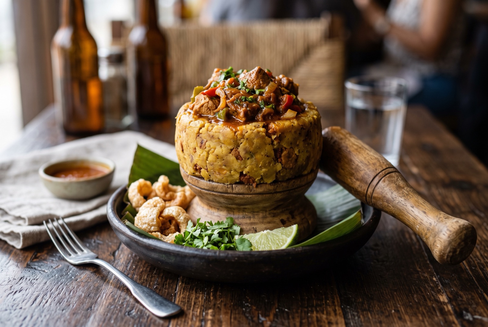 A dome of pounded green plantain flecked with garlic and pork crackling, with a cup of broth beside it