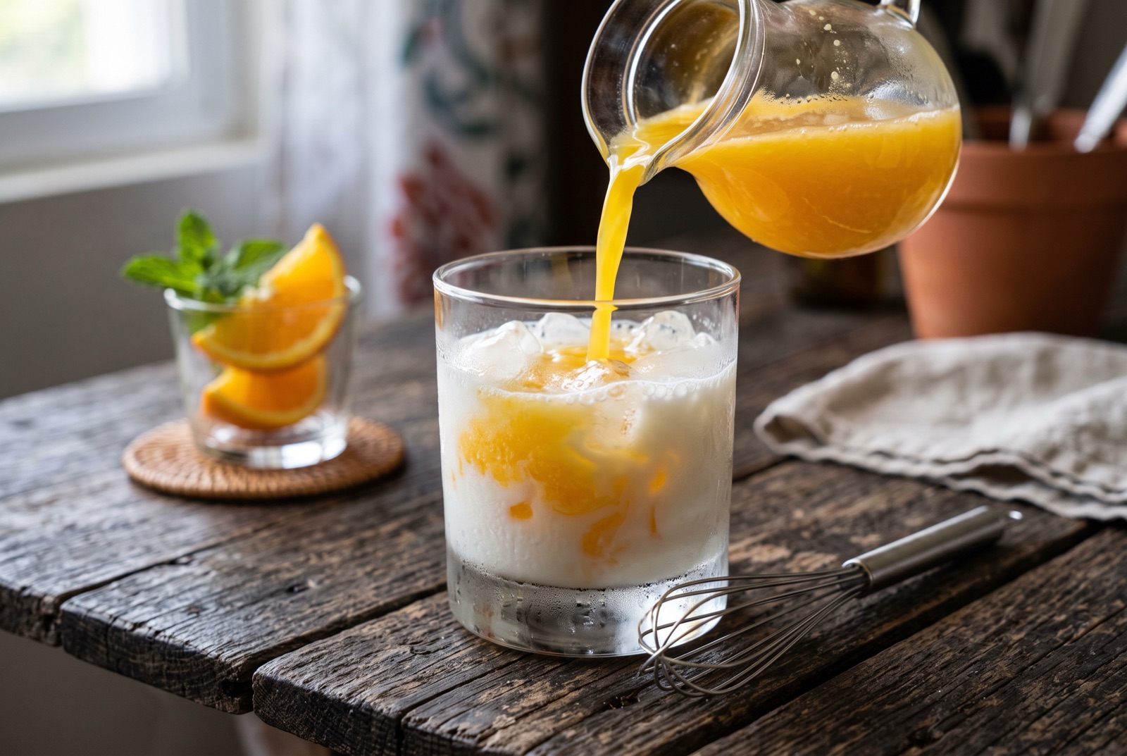 A tall glass of pale orange Dominican milk and orange juice cooler with foam and ice cubes