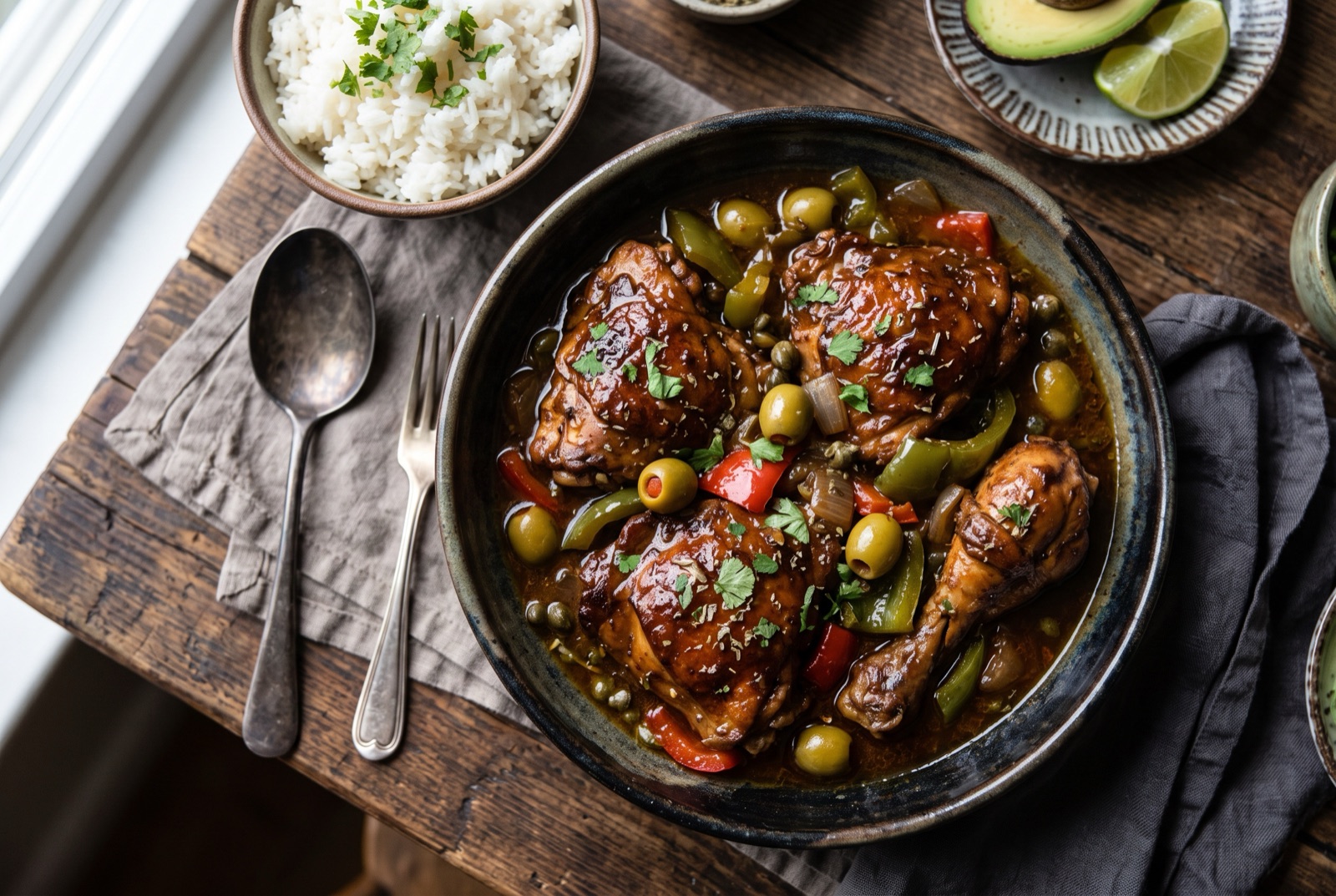 Dominican braised chicken thighs in a dark glossy sauce with pepper strips and green olives