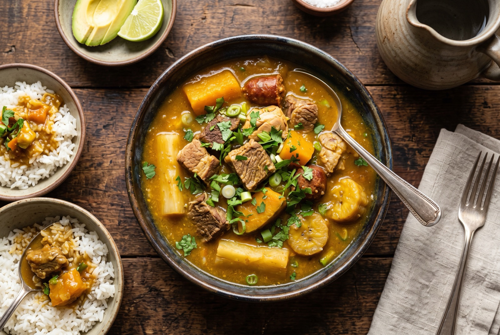 A deep bowl of Dominican sancocho with chunks of meat, yuca, plantain and pumpkin in golden broth