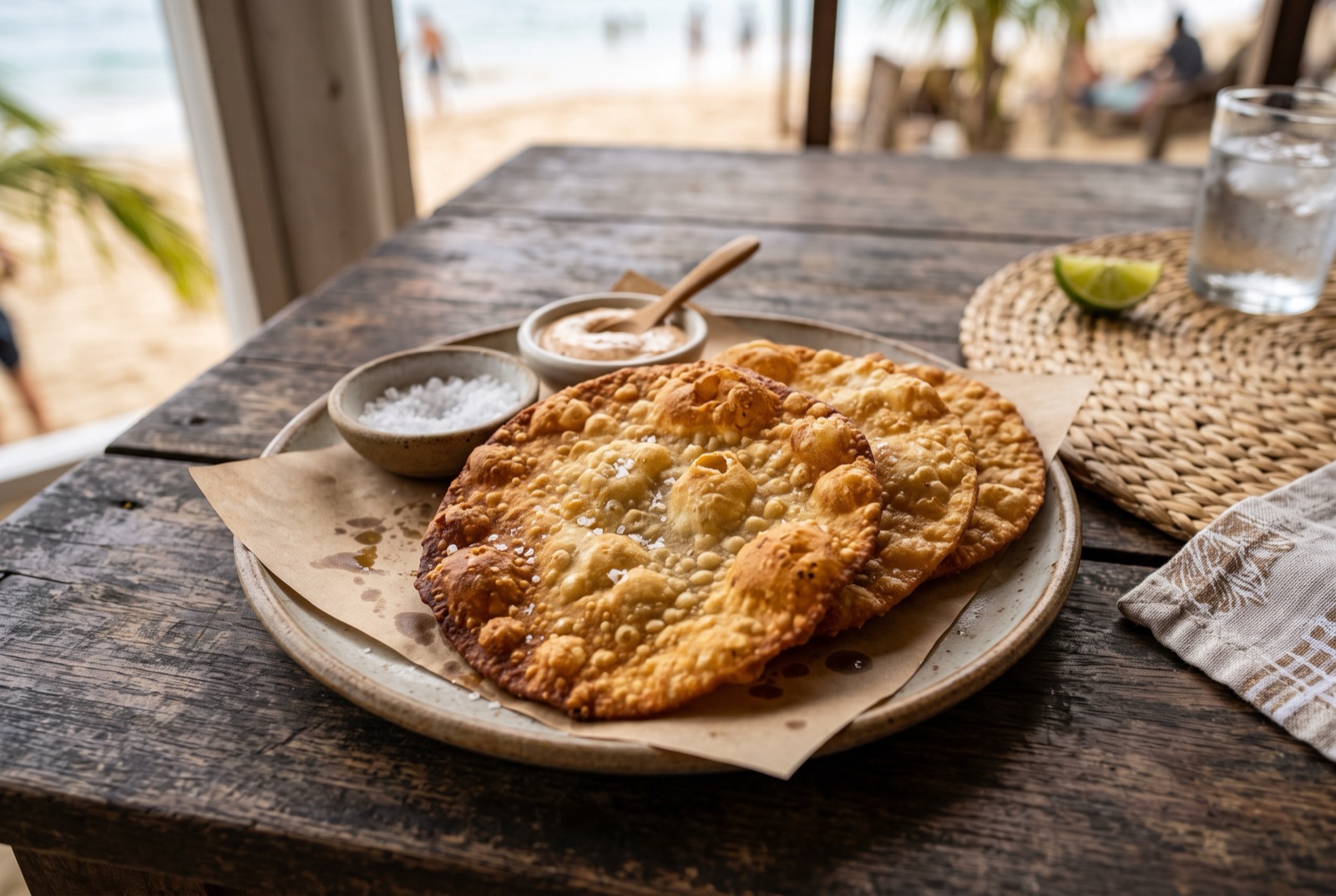 Golden blistered discs of Dominican fried flatbread stacked on paper with flaky salt scattered over