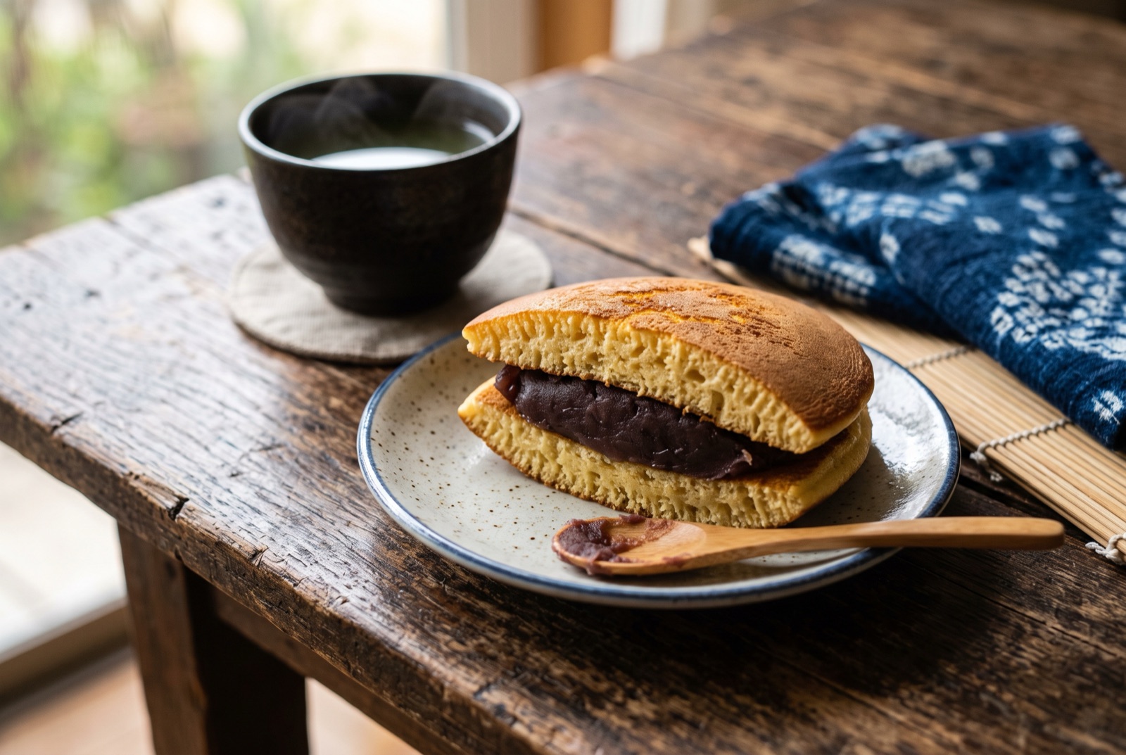 Stacked dorayaki pancake sandwiches, the top one cut open to show a thick layer of red azuki bean paste