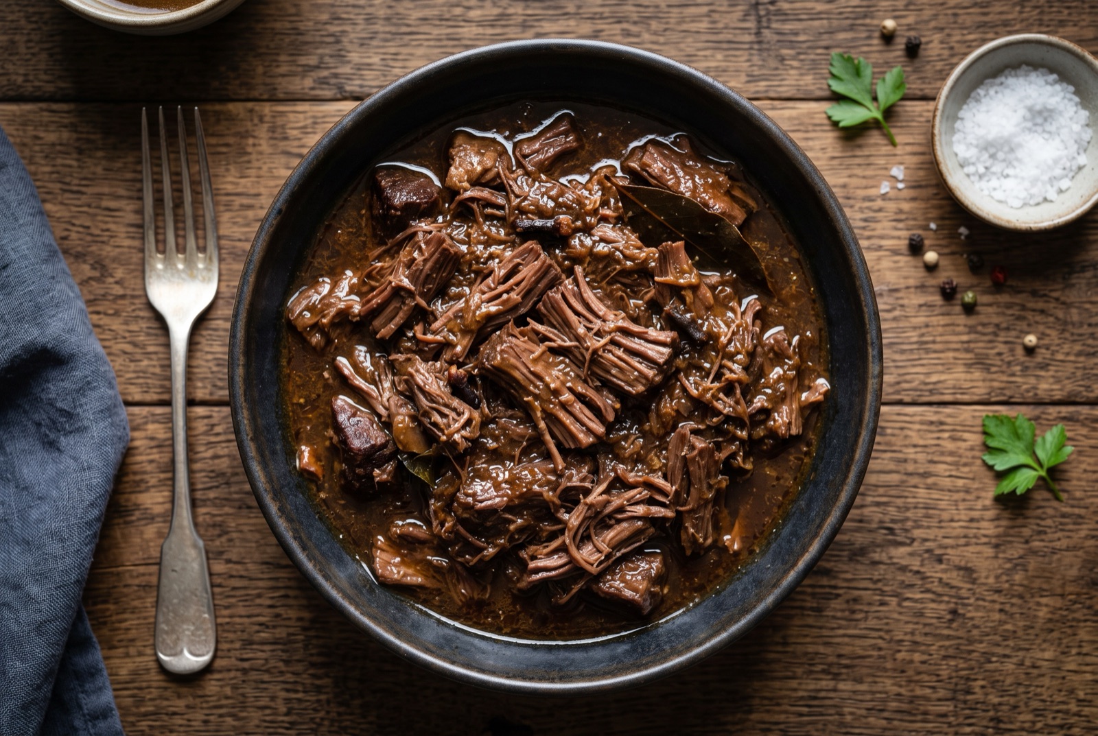 Dark braised beef pulled into threads in glossy sauce, served beside boiled potatoes and red cabbage