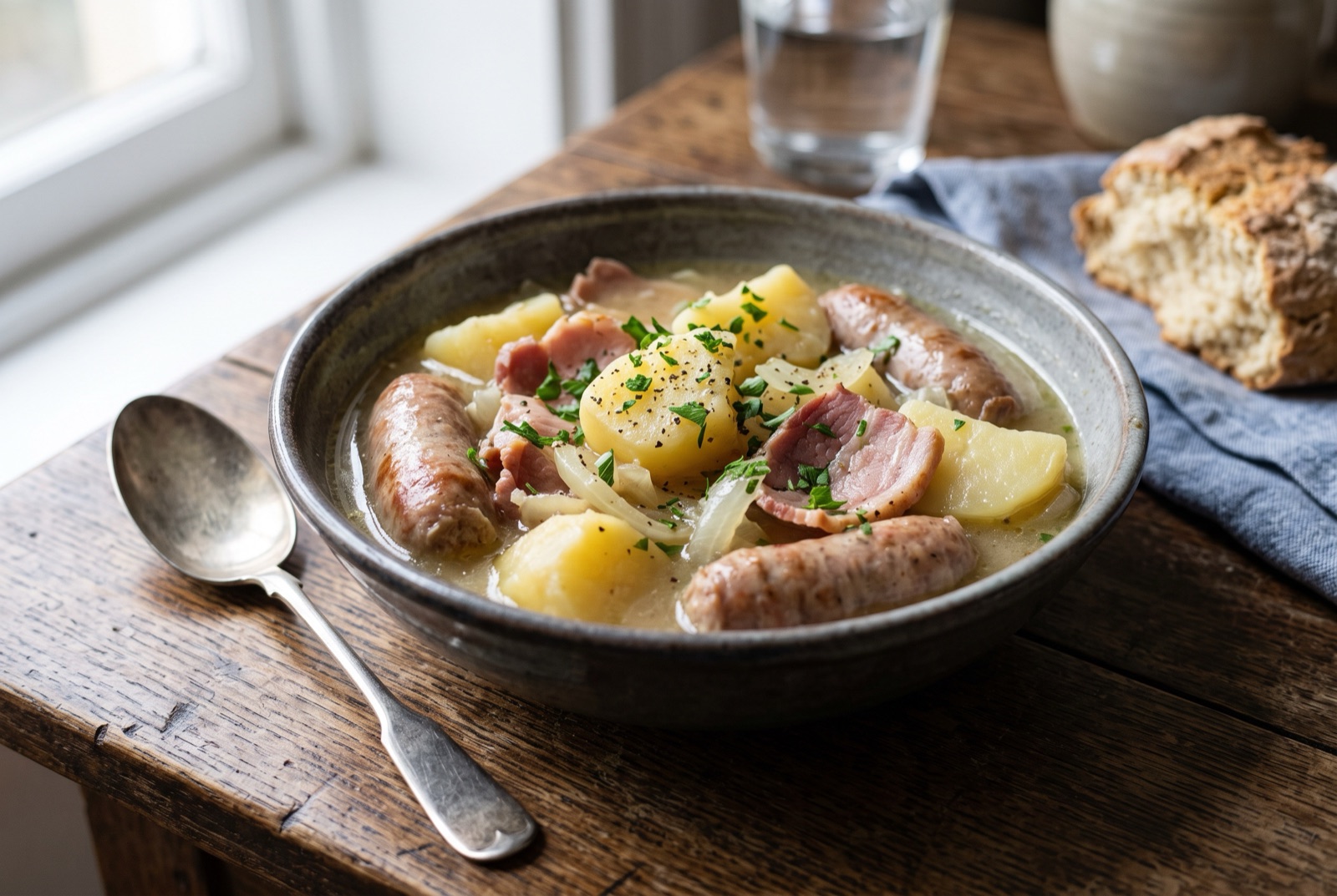 Pot of Dublin coddle with whole pale sausages, bacon, potato chunks and onion in broth