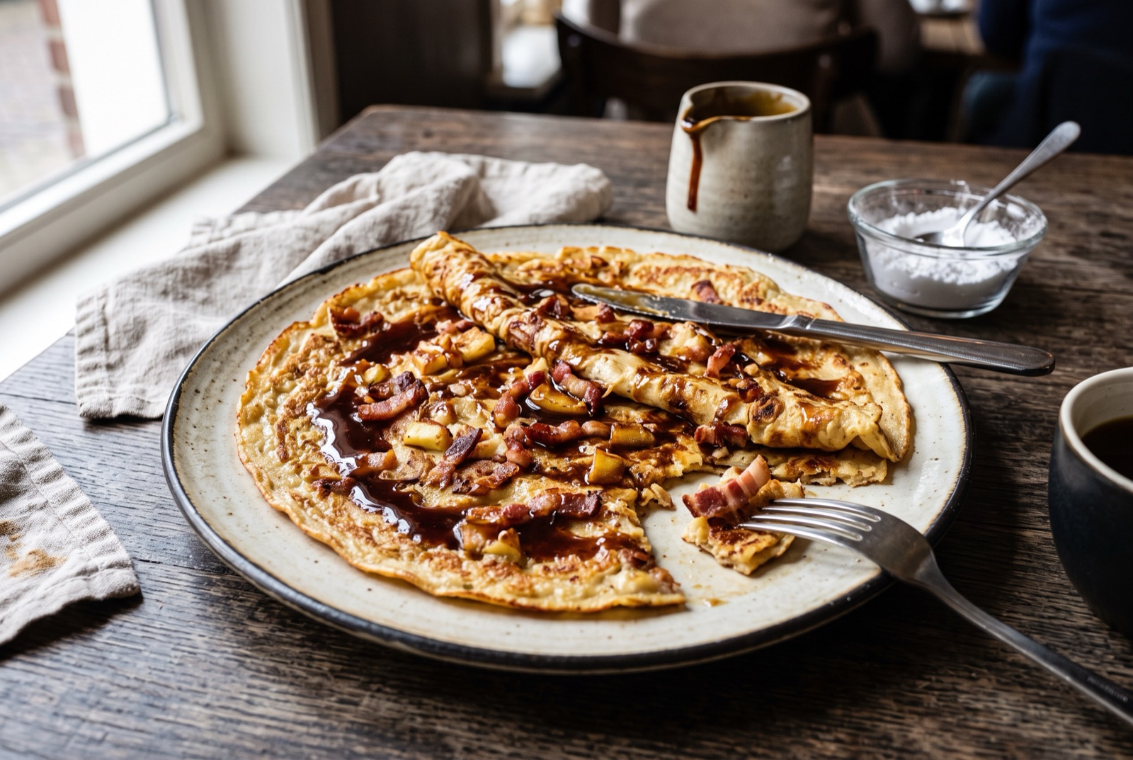 Large thin Dutch pancake with bacon and caramelised apple rings cooked into it, dark syrup being poured over