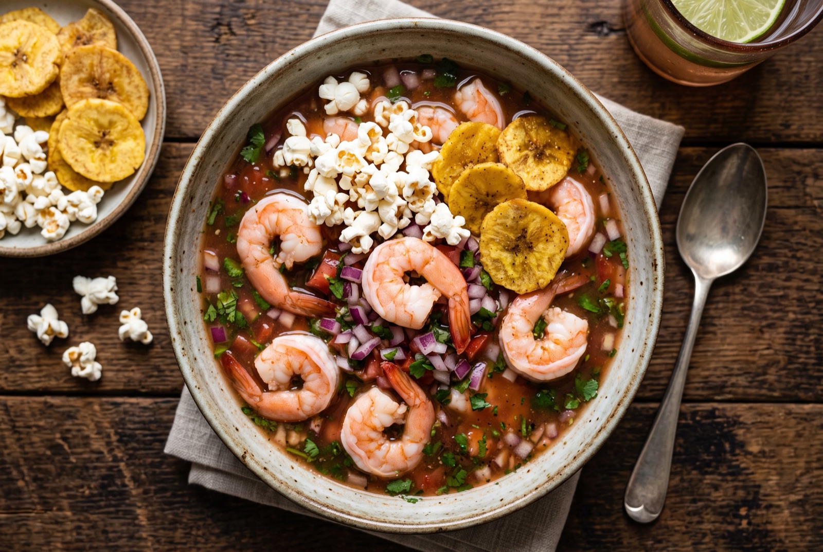 Bowl of Ecuadorian shrimp ceviche in red tomato broth topped with pink onion slivers, cilantro and popcorn