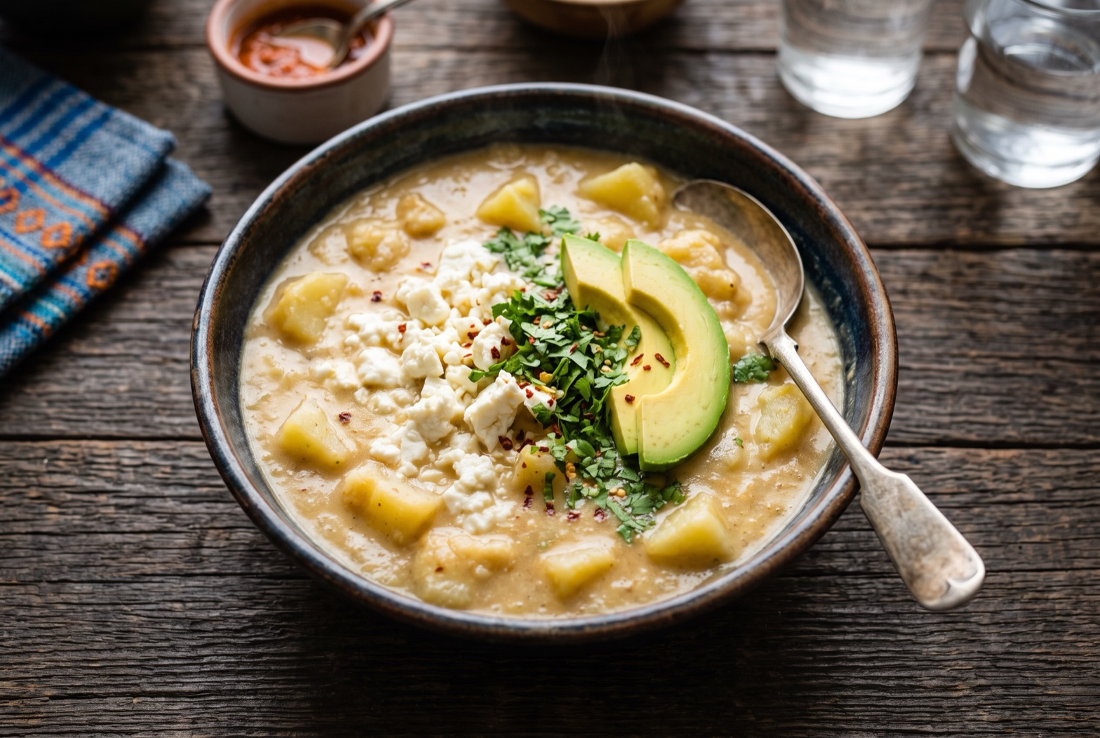 Bowl of thick pale Ecuadorian potato soup topped with avocado slices, crumbled white cheese and cilantro