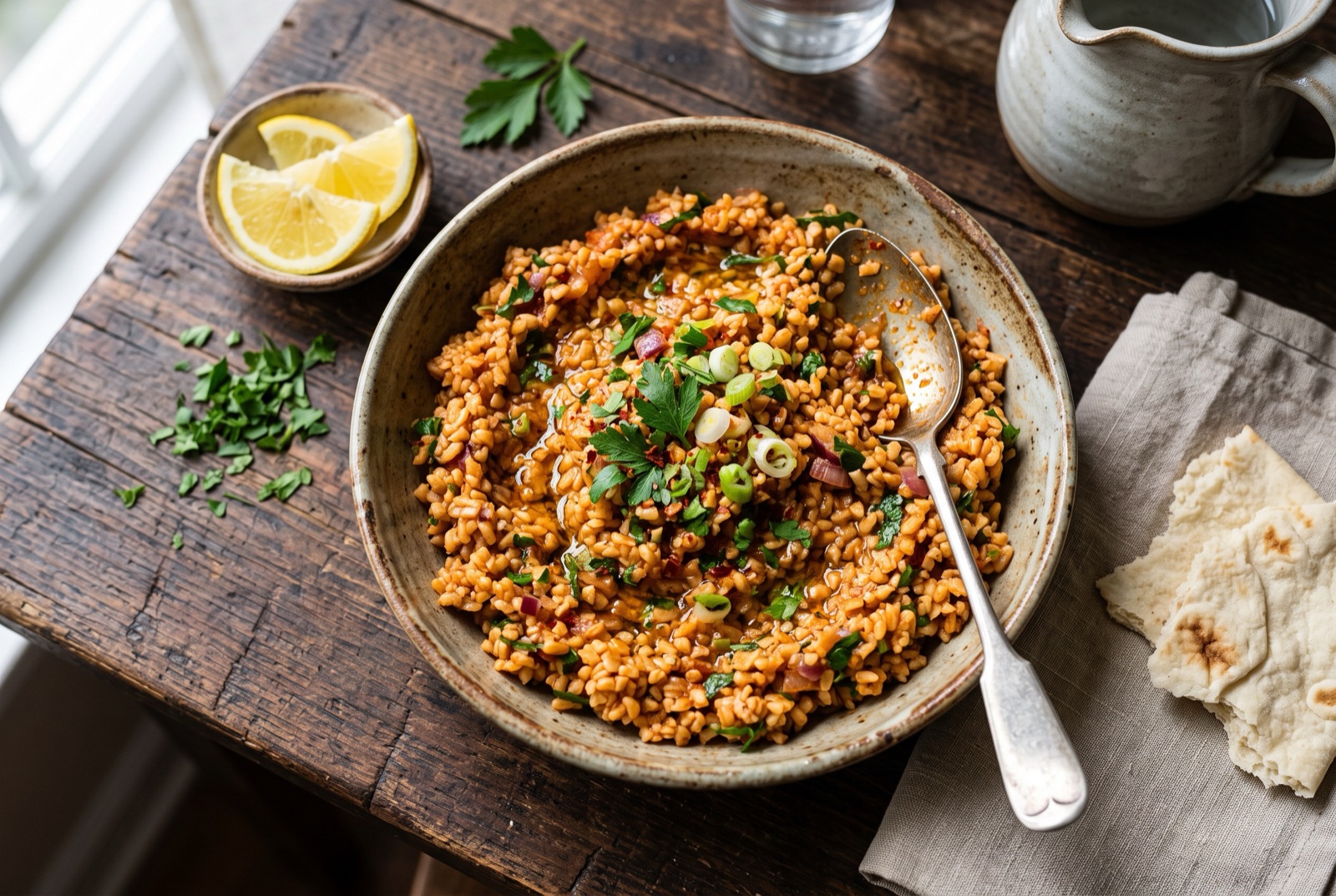 Platter of red-tinted Armenian eetch bulgur salad with chopped parsley, spring onion and lettuce leaves