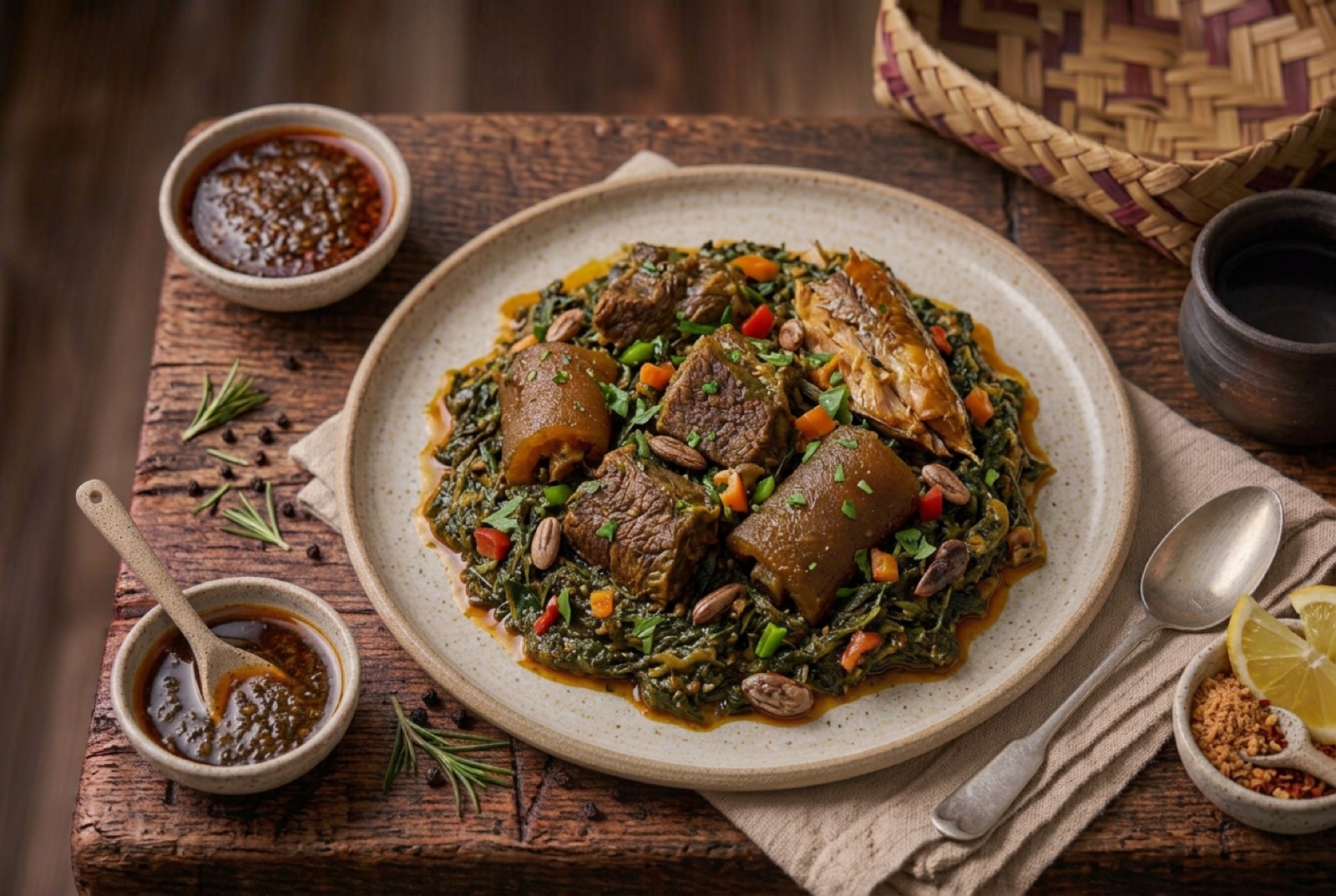 Thick efo riro stew of dark greens in orange palm oil with chunks of beef and smoked fish