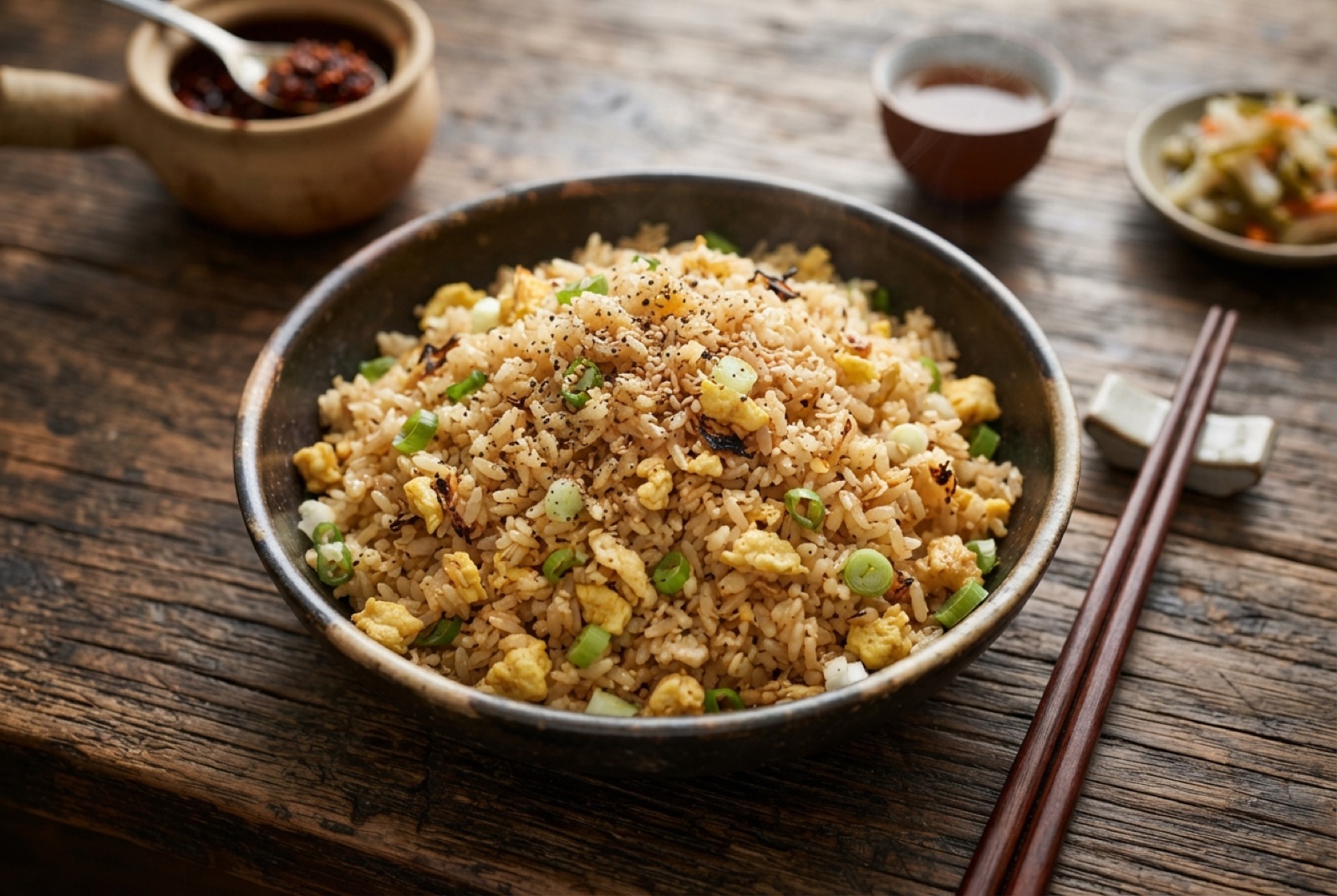 Wok-fried egg fried rice with separate golden grains, soft egg curds and sliced scallions