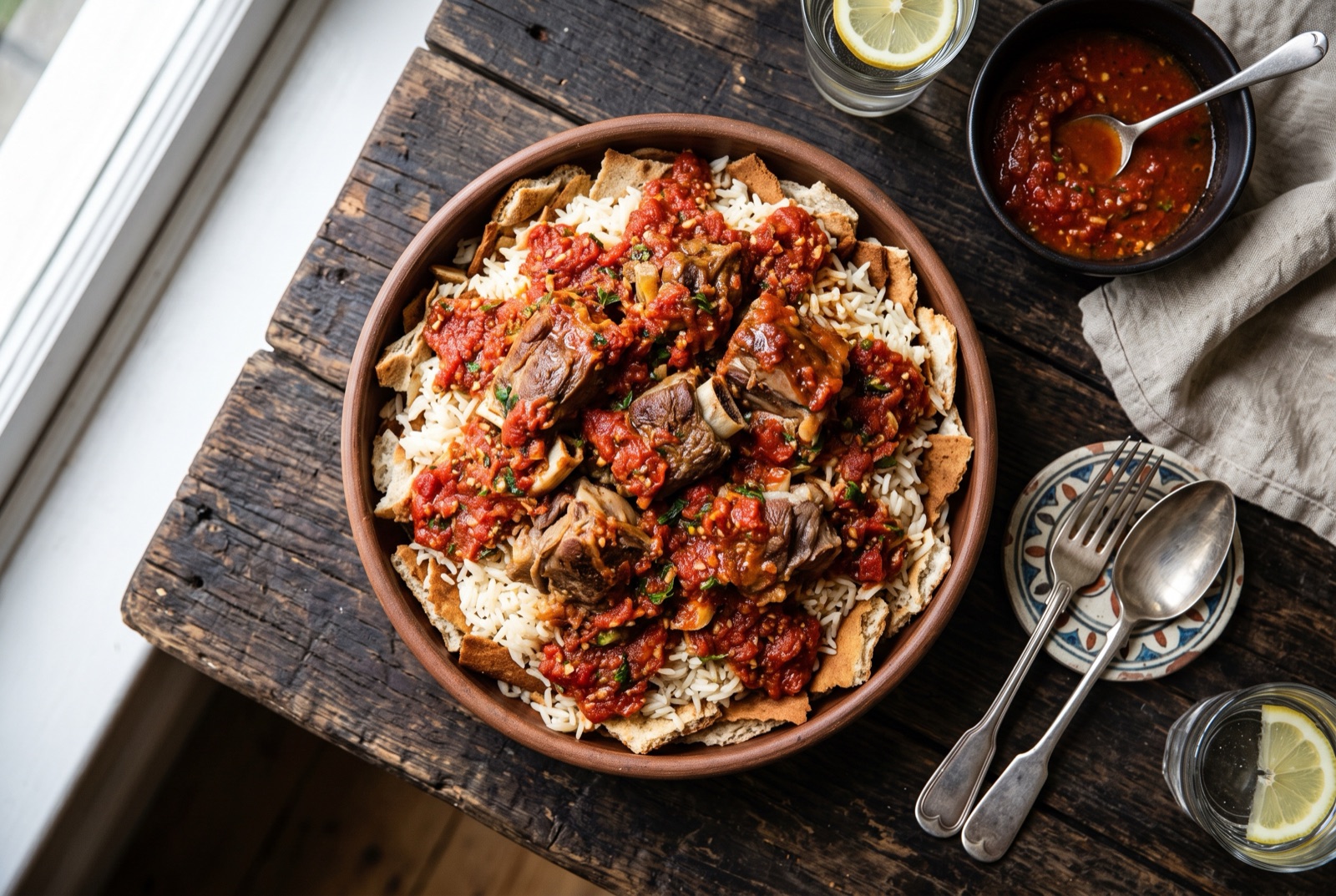 Wide platter of Egyptian fattah with browned lamb piled on rice over toasted bread, red garlic-vinegar sauce poured over the top