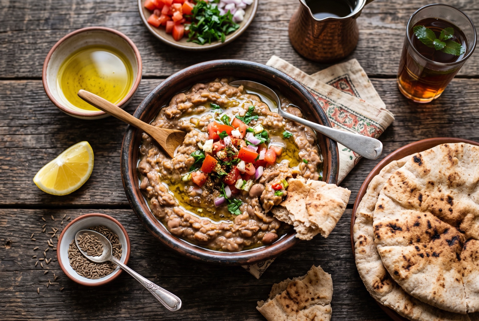 Shallow bowl of mashed fava beans glossy with olive oil, topped with diced tomato, parsley and cumin, with lemon wedges and flatbread beside it