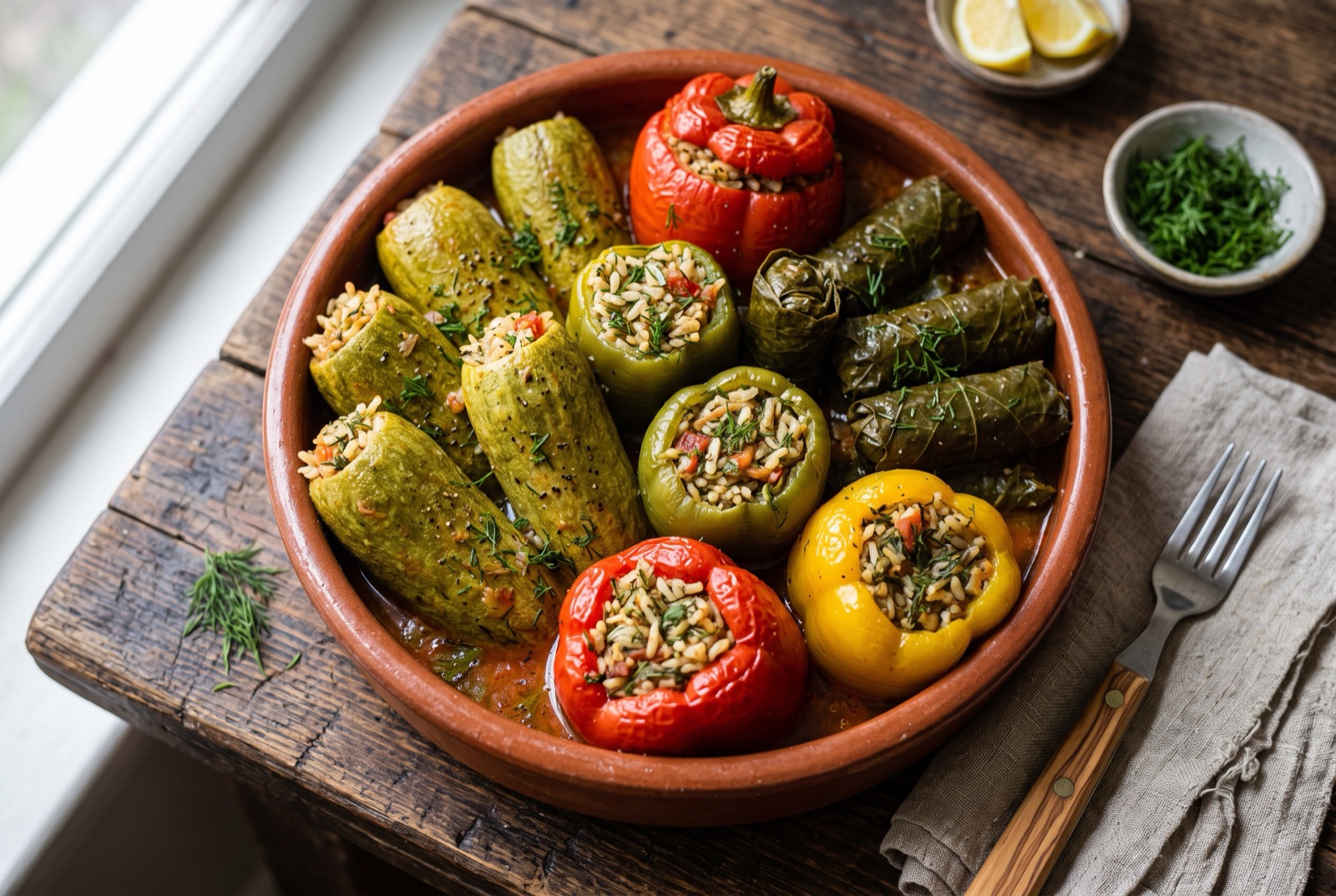 Pot of stuffed courgettes, peppers and rolled vine leaves standing upright in red tomato broth, one cut open to show herbed rice