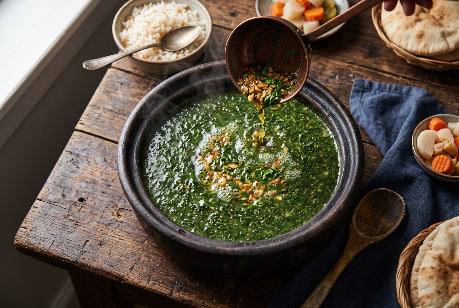 Bowl of bright green molokhia soup beside a plate of white rice and browned chicken pieces, with lemon wedges on the side