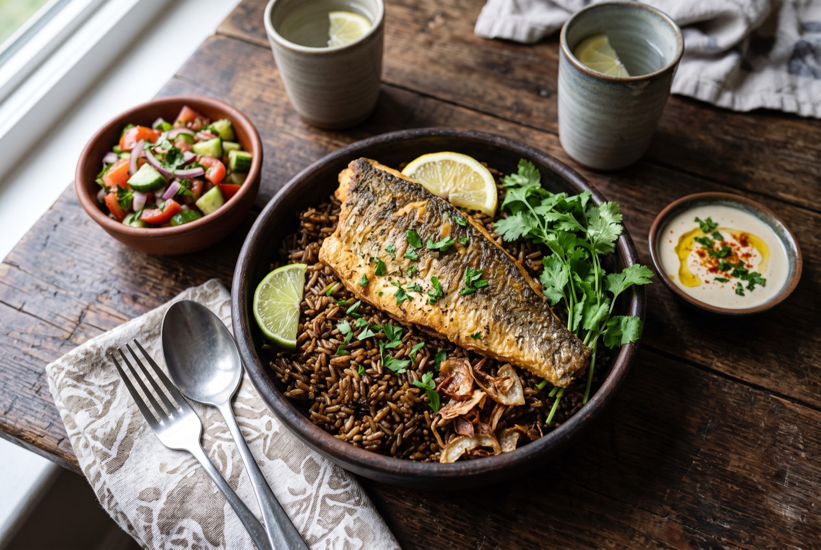 Platter of dark brown spiced rice topped with crisp-skinned fried sea bass fillets, browned onion strands and chopped coriander