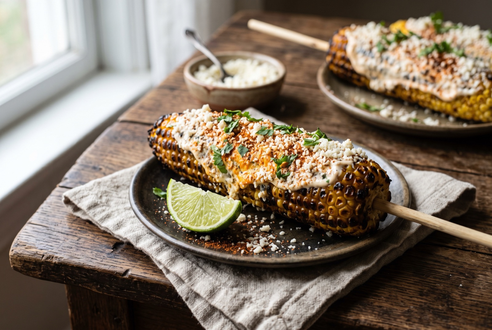Charred corn on the cob coated in cream, crumbled white cotija cheese and red chile powder with lime wedges