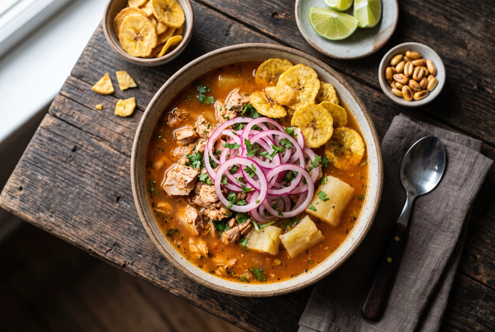 Deep bowl of Ecuadorian encebollado with flaked tuna, yuca chunks and pink lime-cured onion rings on top
