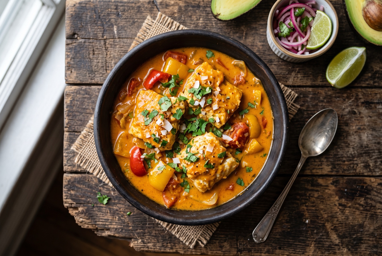 Chunks of white fish in a thick orange coconut sauce with peppers and cilantro, served with rice and plantain