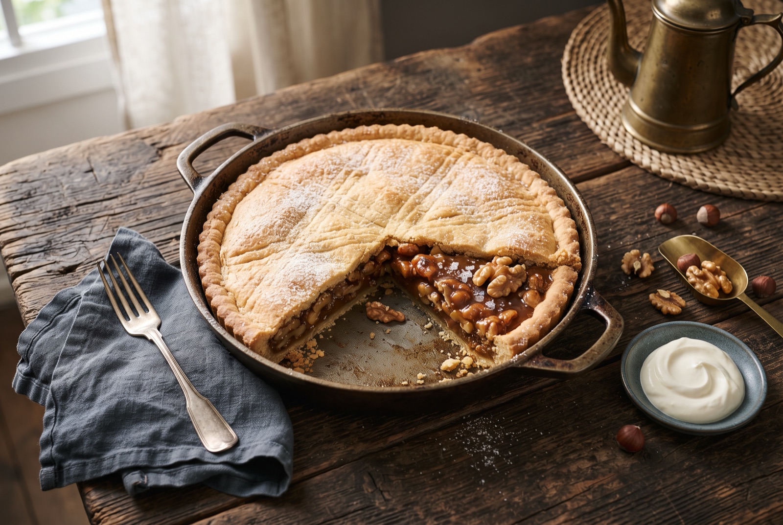 Slice of Engadine walnut tart showing dark caramel and chopped walnuts between thick shortcrust layers