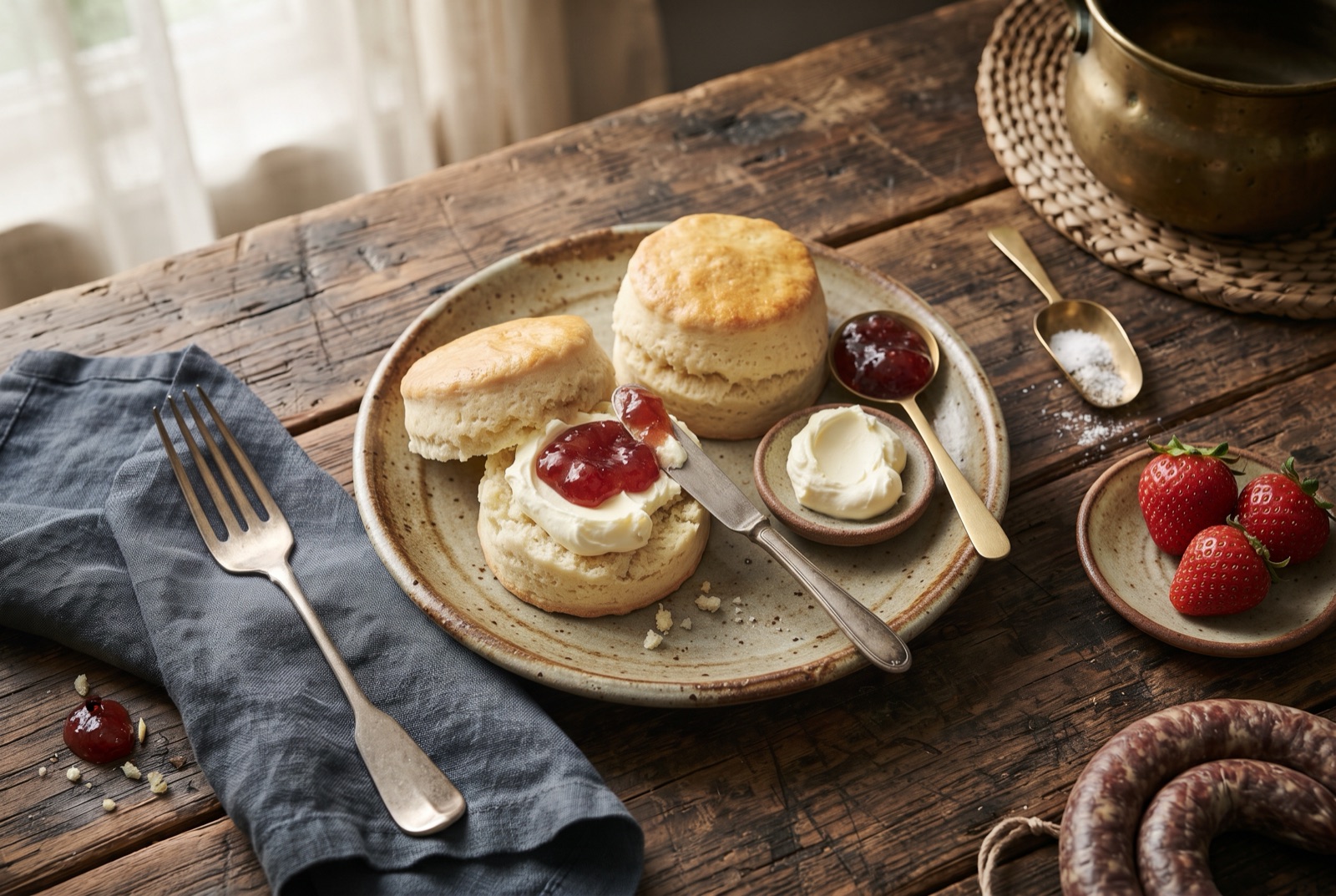 Tall split scone loaded with clotted cream and strawberry jam beside a cup of tea