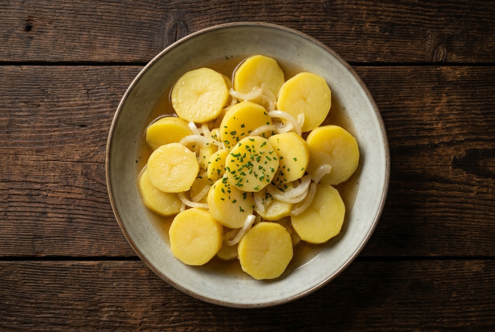 Bowl of Austrian warm potato salad with sliced waxy potatoes, red onion rings and chives