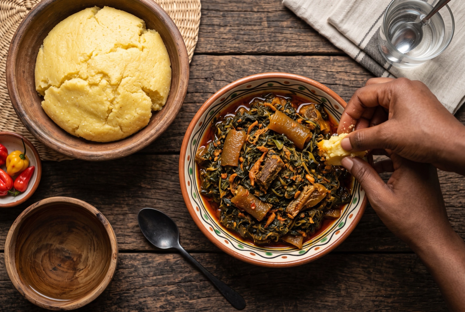Dark green eru stew glossy with red palm oil, studded with cow skin and smoked fish, next to a mound of garri