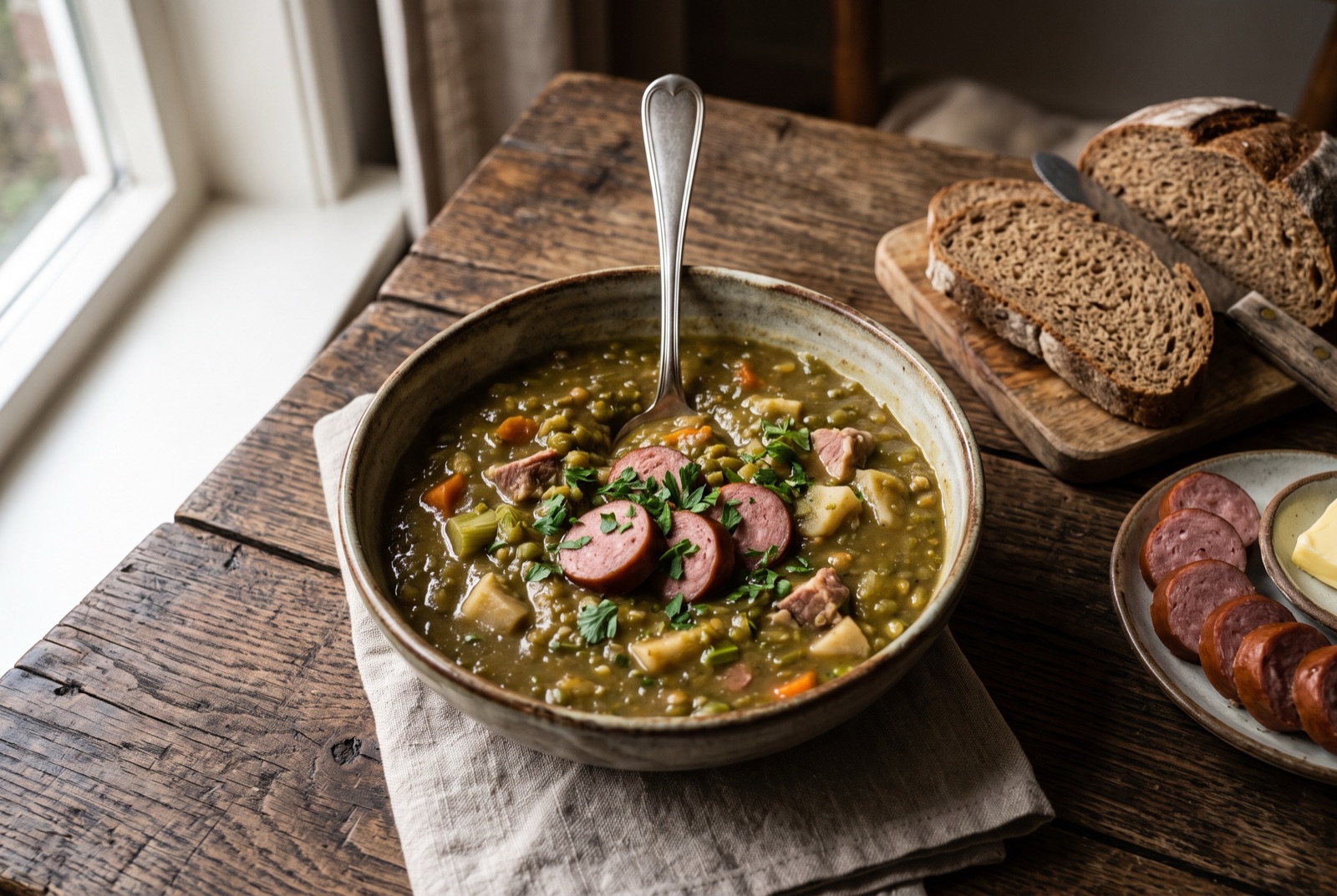 Deep bowl of thick green split pea soup with slices of smoked sausage and rye bread alongside