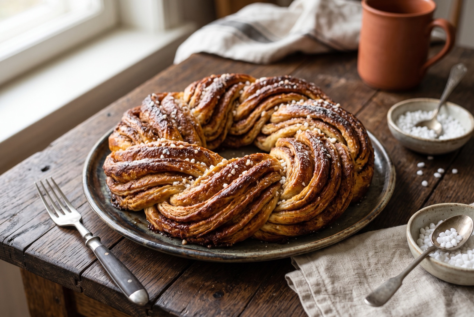 Braided Estonian kringel wreath with visible caramelised cinnamon and cardamom layers on a baking tray