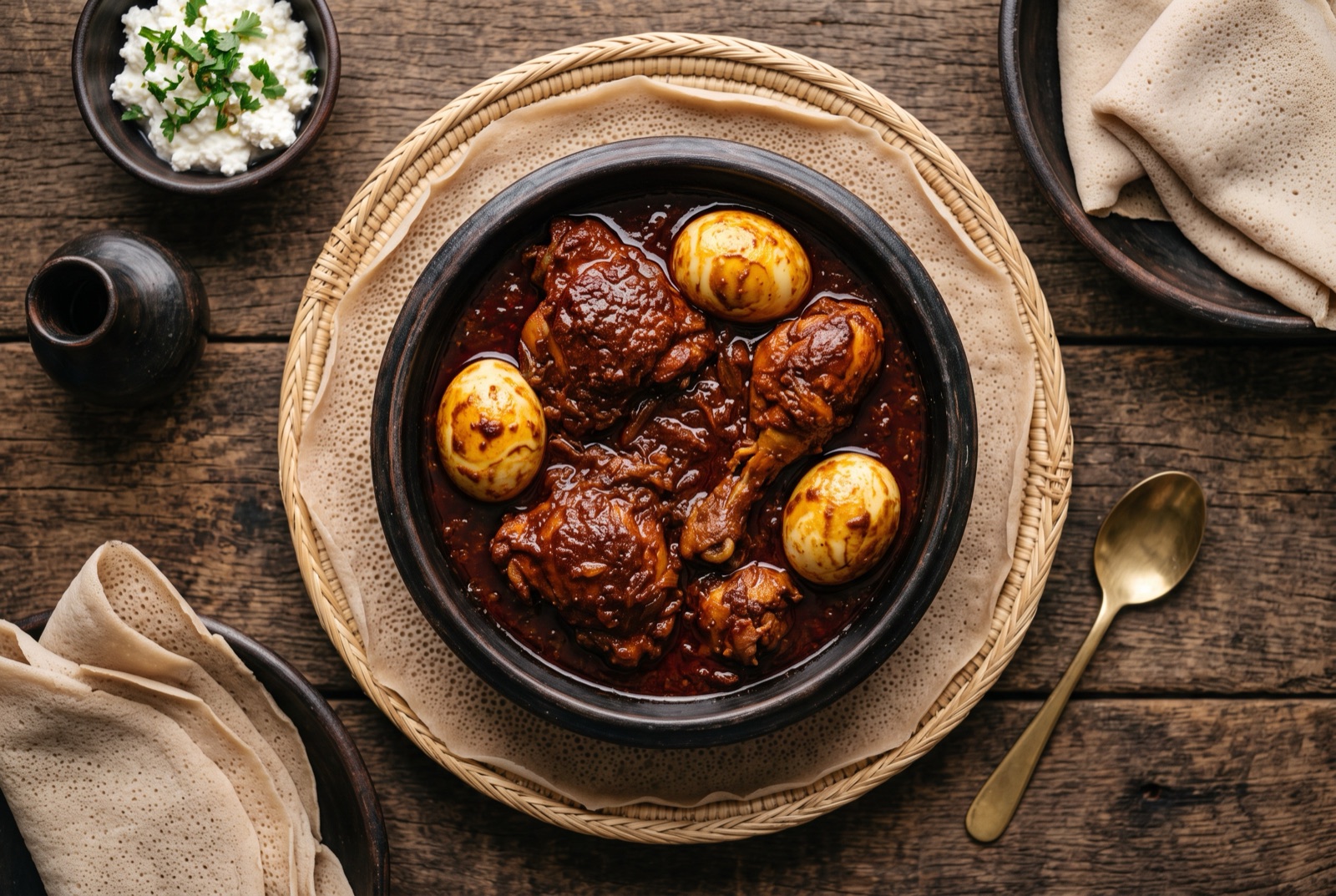 Dark red doro wat in a clay pot with chicken pieces and whole boiled eggs half-submerged in the sauce