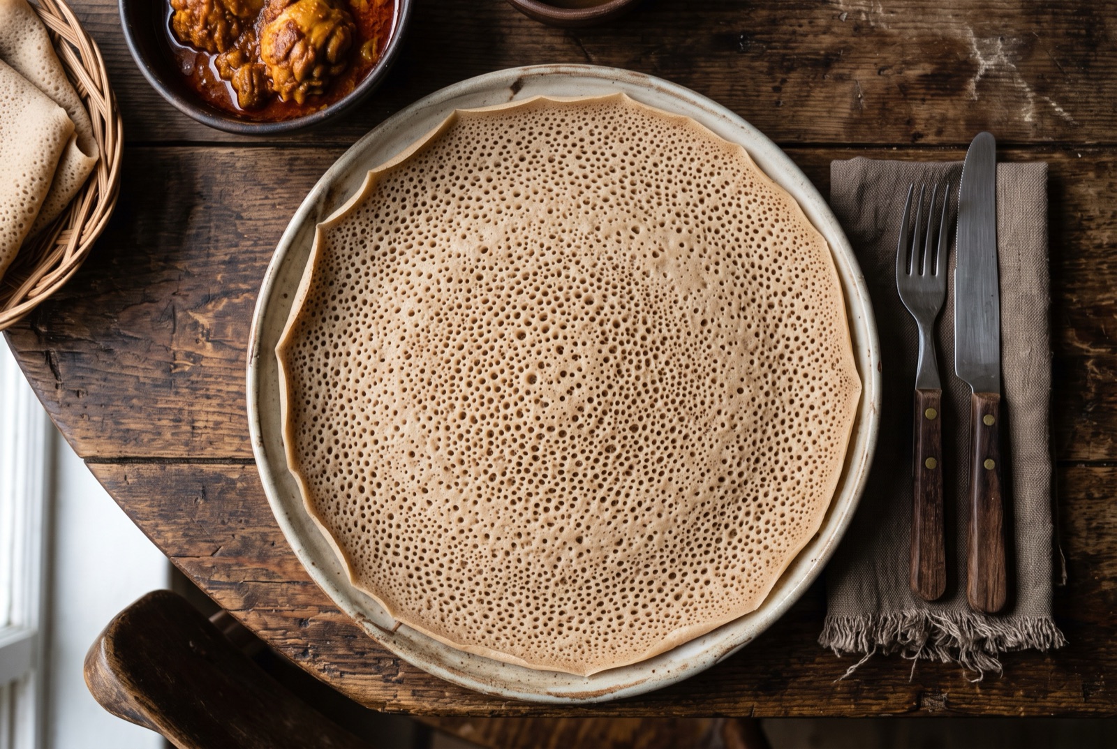 A pale grey sheet of injera on a woven basket, its surface covered in small open craters
