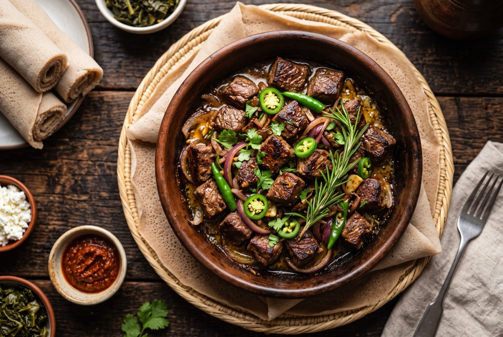 Seared lamb cubes with onion wedges, green chillies and a rosemary sprig sizzling in a black cast-iron pan
