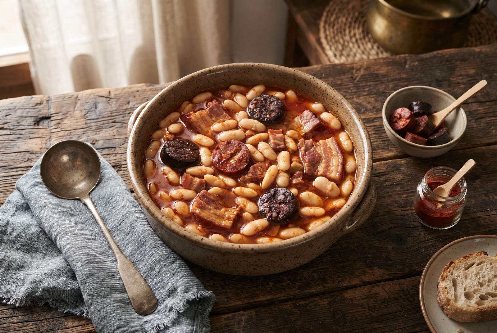 Earthenware pot of fabada asturiana with fat white beans in orange broth, sliced chorizo and dark morcilla on top