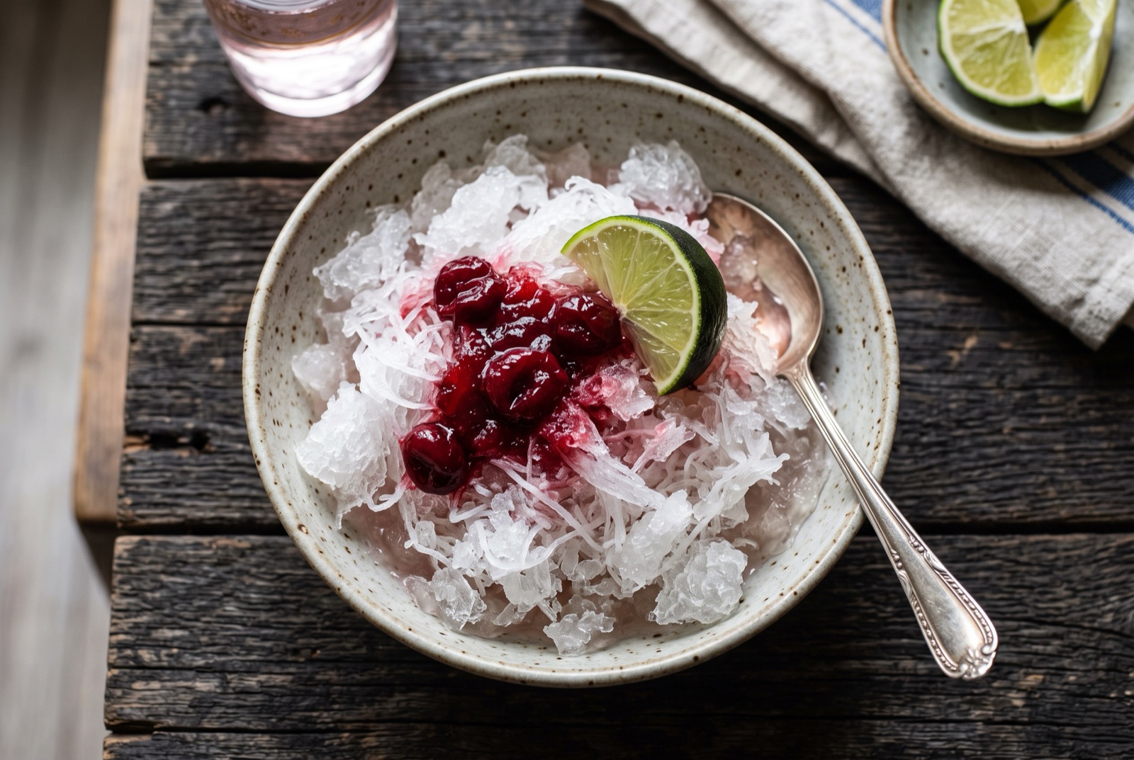 Glass of Persian faloodeh, white frozen starch noodles in icy rosewater syrup with lime and sour cherry syrup