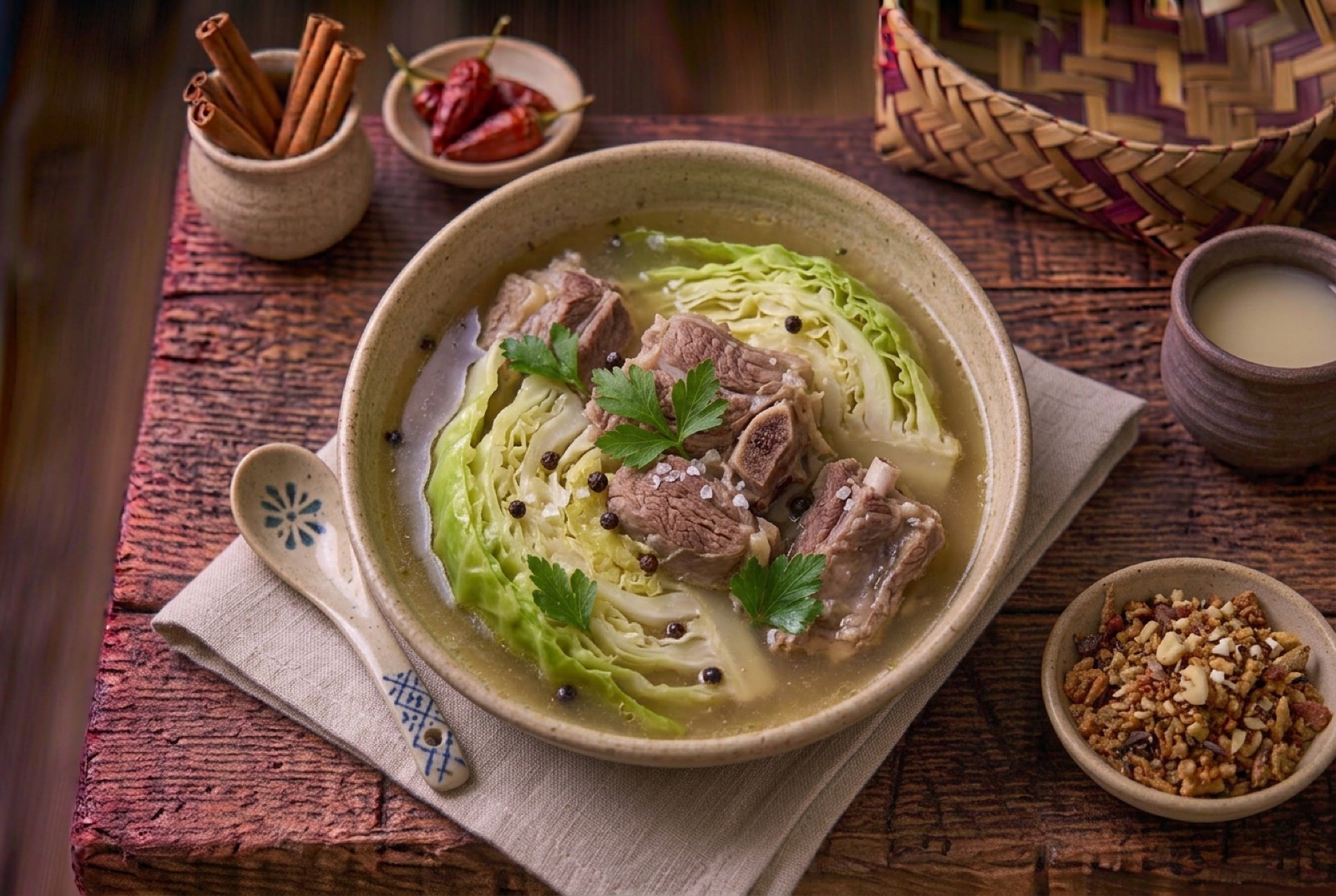 Deep bowl of fårikål with bone-in mutton, collapsed cabbage wedges, peppercorns and boiled potatoes