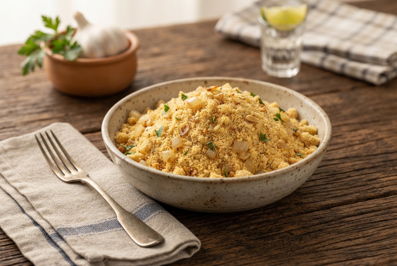 Bowl of golden toasted cassava flour farofa flecked with onion, scallions and parsley