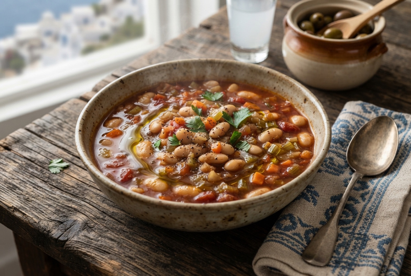 A deep bowl of Greek fasolada, creamy white beans with carrot coins in tomato broth under a slick of olive oil