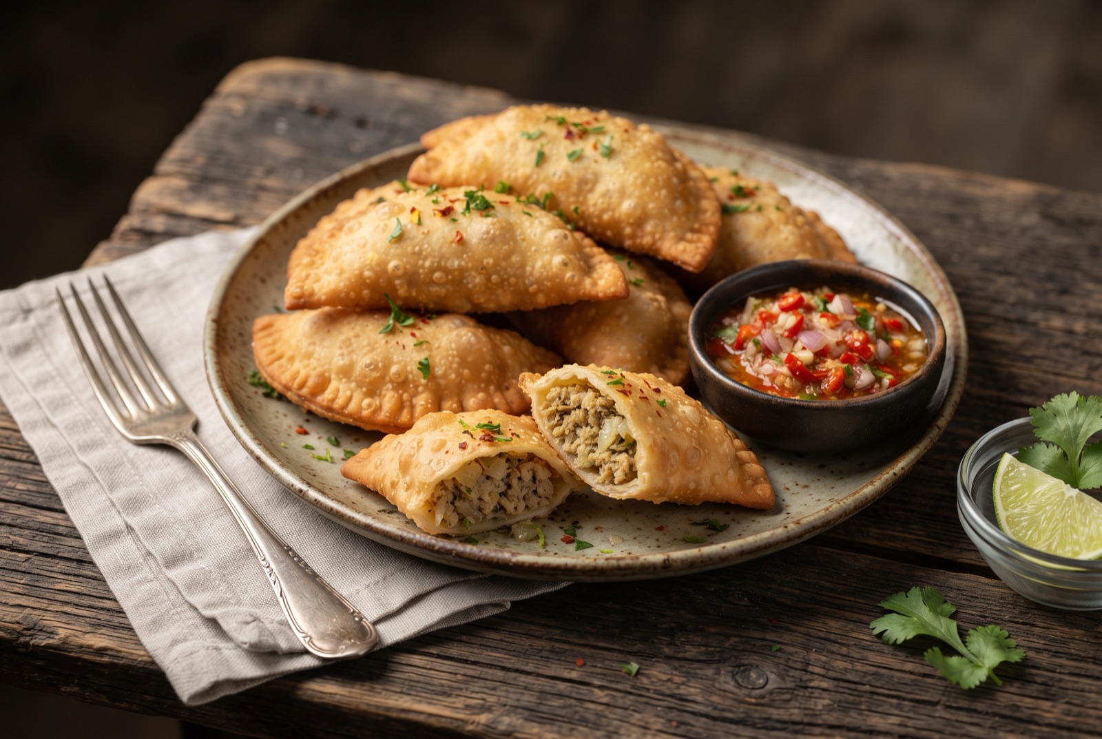 Golden fork-crimped half-moon pastries stacked on a plate beside a bowl of raw onion and chilli lime sauce
