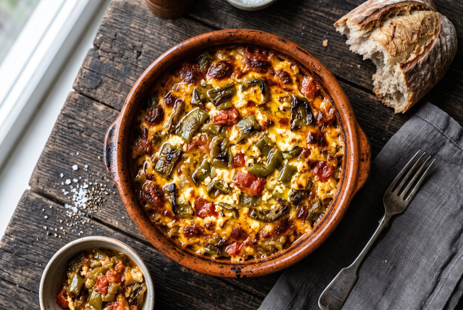 Bubbling clay dish of Albanian fërgesë, browned curd cheese over red pepper and tomato with bread alongside