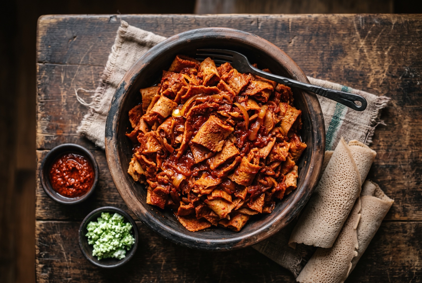 Pan of firfir — torn injera pieces stained deep red with berbere sauce, topped with white fresh cheese