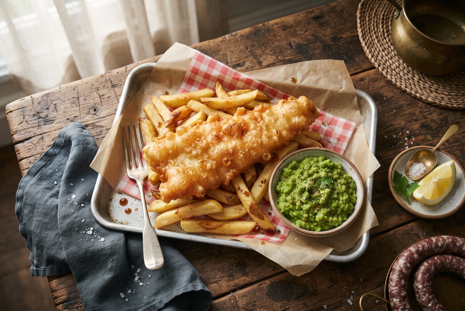 Golden beer-battered cod fillet with thick-cut chips, mushy peas and a lemon wedge