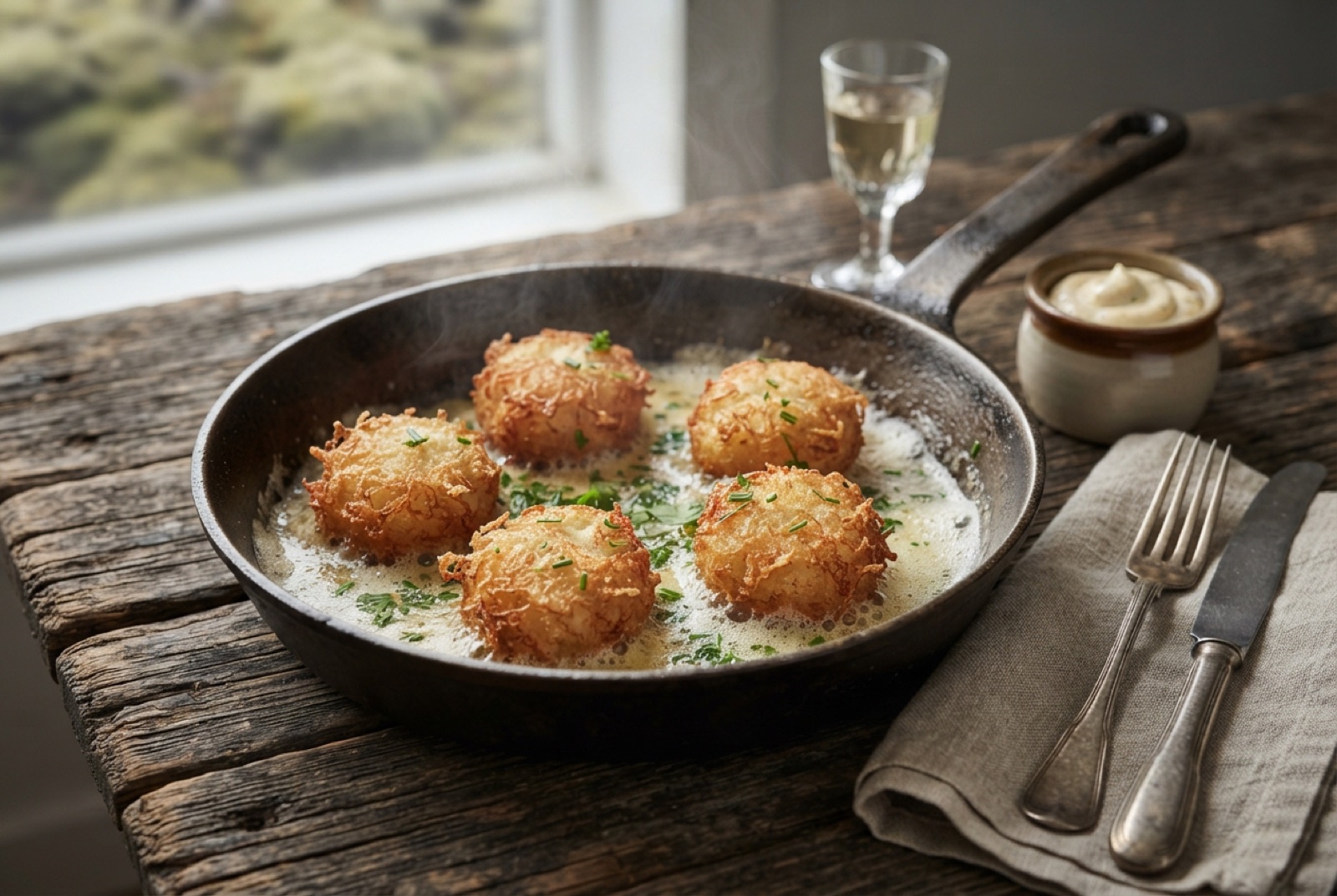 Golden-brown Icelandic fish balls frying in butter, served with boiled potatoes and parsley