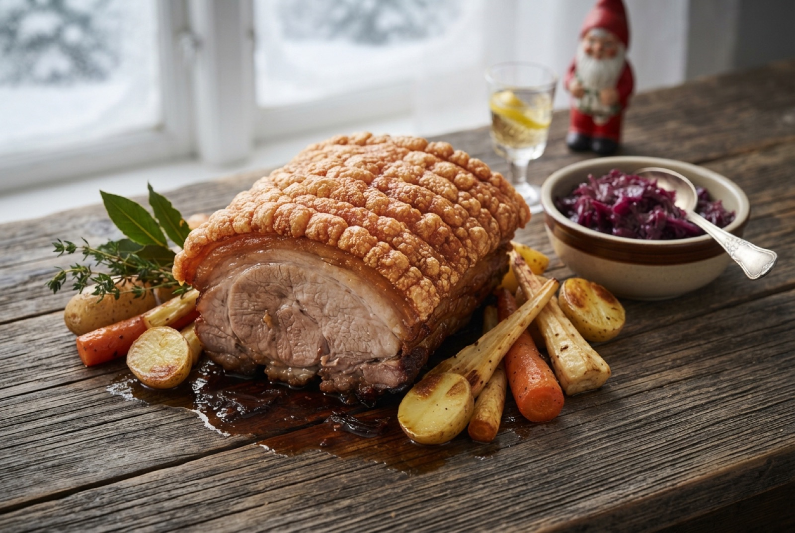 Danish roast pork with blistered crackling scored into strips, bay leaves tucked between the cuts
